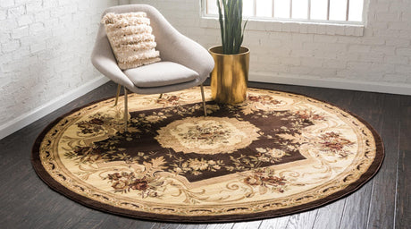 Brown 7' 10 x 7' 10 Versailles Round Area Rug Classic Traditional Motif Indoor Carpet for Hallways, Dining Rooms, Bedrooms, Living Room, Office for Sale at Rug Engine