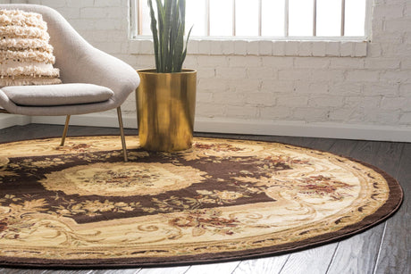 Brown 7' 10 x 7' 10 Versailles Round Area Rug Classic Traditional Motif Indoor Carpet for Hallways, Dining Rooms, Bedrooms, Living Room, Office for Sale at Rug Engine