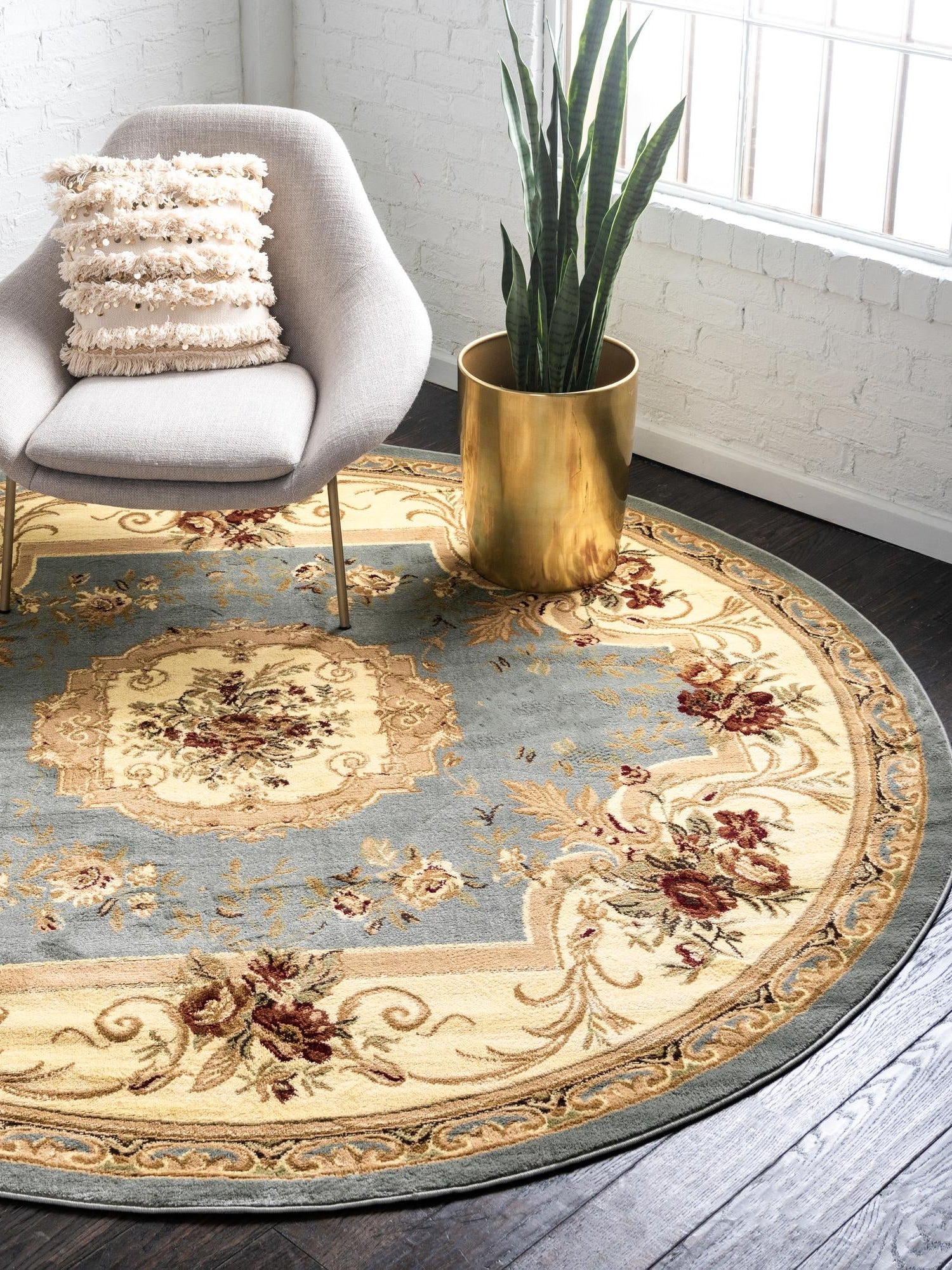 Light Blue 4' 1 x 4' 1 Versailles Round Area Rug Classic Traditional Motif Indoor Carpet for Hallways, Dining Rooms, Bedrooms, Living Room, Office for Sale at Rug Engine