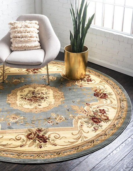 Light Blue 4' 1 x 4' 1 Versailles Round Area Rug Classic Traditional Motif Indoor Carpet for Hallways, Dining Rooms, Bedrooms, Living Room, Office for Sale at Rug Engine