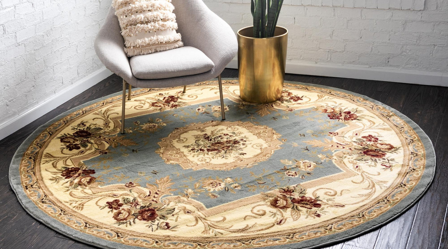 Light Blue 4' 1 x 4' 1 Versailles Round Area Rug Classic Traditional Motif Indoor Carpet for Hallways, Dining Rooms, Bedrooms, Living Room, Office for Sale at Rug Engine
