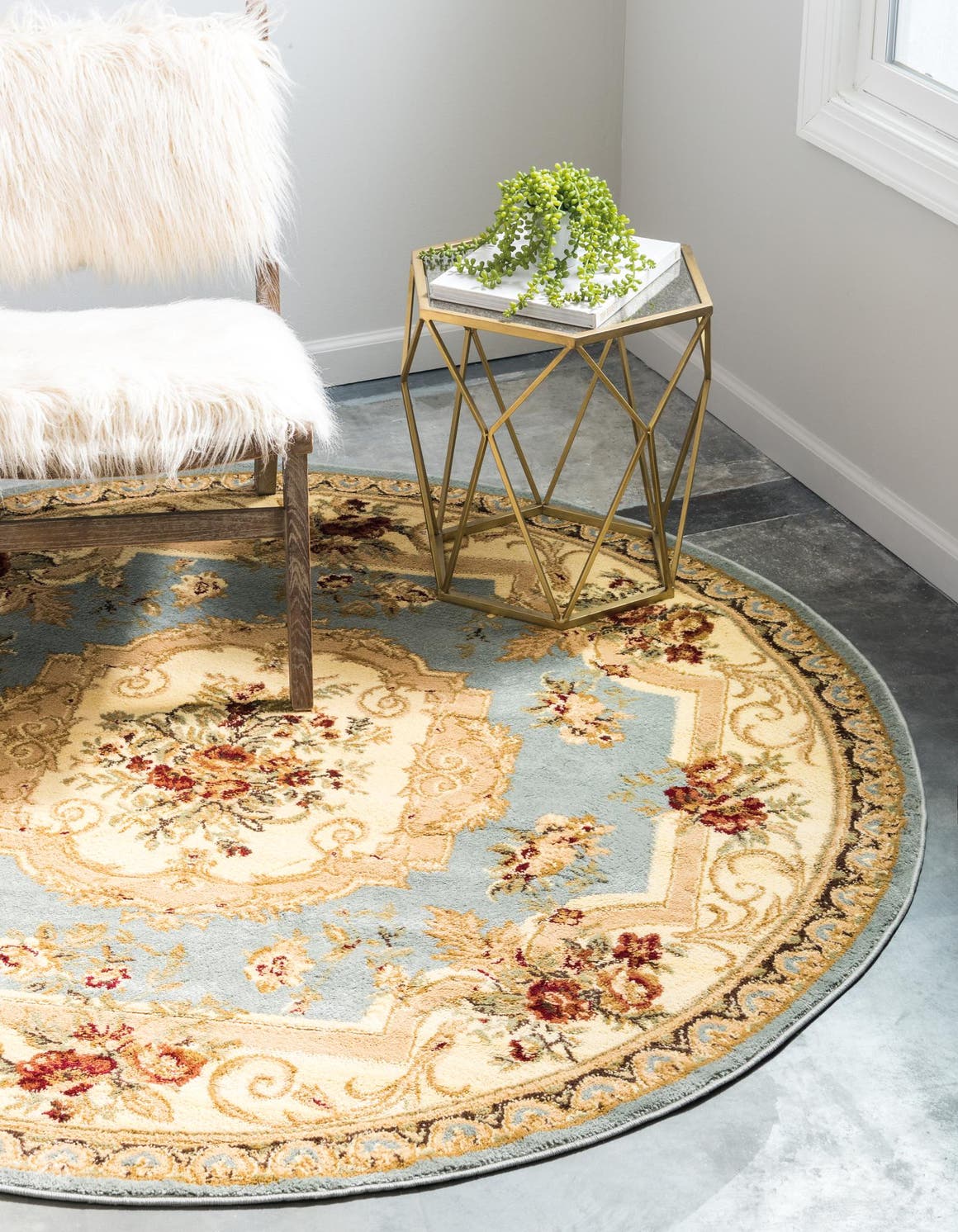Light Blue 7' 1 x 7' 1 Versailles Round Area Rug Classic Traditional Motif Indoor Carpet for Hallways, Dining Rooms, Bedrooms, Living Room, Office for Sale at Rug Engine