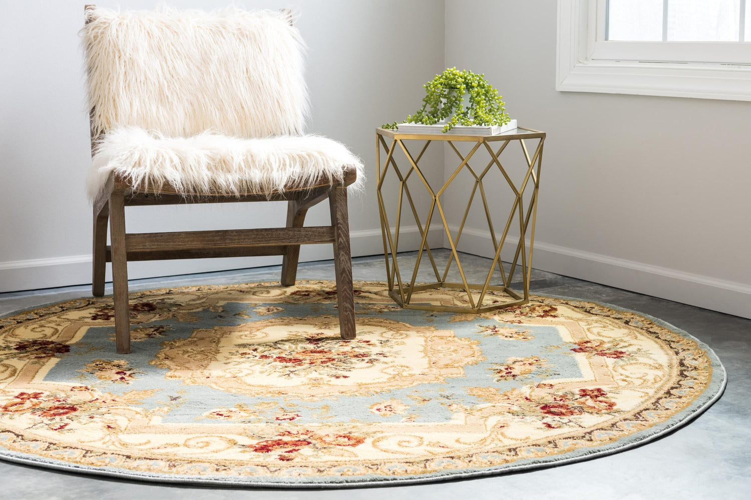 Light Blue 7' 1 x 7' 1 Versailles Round Area Rug Classic Traditional Motif Indoor Carpet for Hallways, Dining Rooms, Bedrooms, Living Room, Office for Sale at Rug Engine