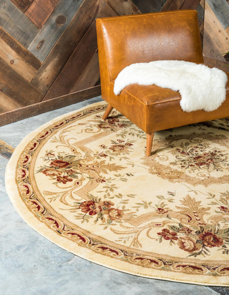 Cream 7' 1 x 7' 1 Versailles Round Area Rug Classic Traditional Motif Indoor Carpet for Hallways, Dining Rooms, Bedrooms, Living Room, Office for Sale at Rug Engine