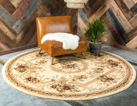 Cream 4' 1 x 4' 1 Versailles Round Area Rug Classic Traditional Motif Indoor Carpet for Hallways, Dining Rooms, Bedrooms, Living Room, Office for Sale at Rug Engine