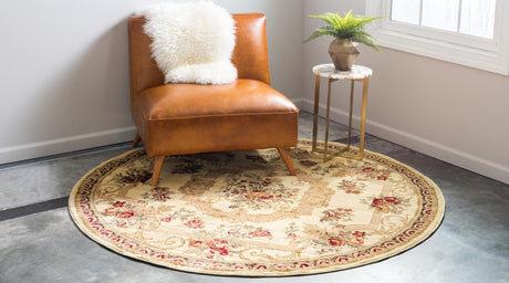 Cream 6' 1 x 6' 1 Versailles Round Area Rug Classic Traditional Motif Indoor Carpet for Hallways, Dining Rooms, Bedrooms, Living Room, Office for Sale at Rug Engine