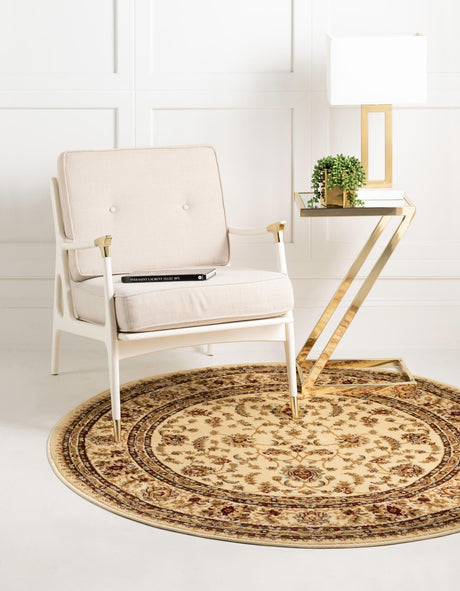 Cream 7' 10 x 7' 10 Voyage Round Area Rug Persian Inspired Classic Traditional Design Durable Carpet Mat for Home Interior Design for Sale at Rug Engine