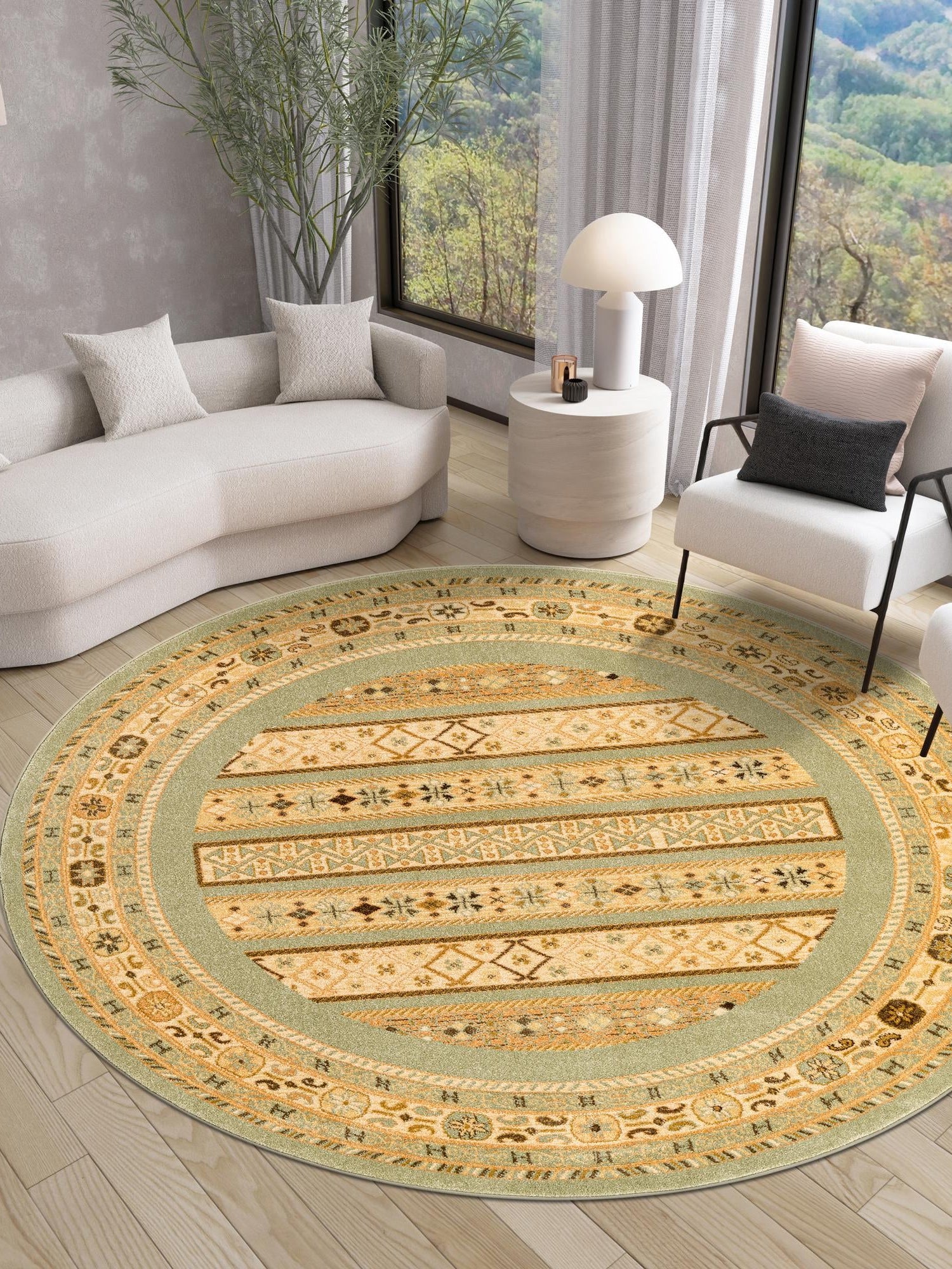 Light Green 8' x 8' Fars Round Area Rug 100% Polypropylene Unique Traditional Carpet for Classical Living, Dining Room & Office Spaces for Sale at Rug Engine