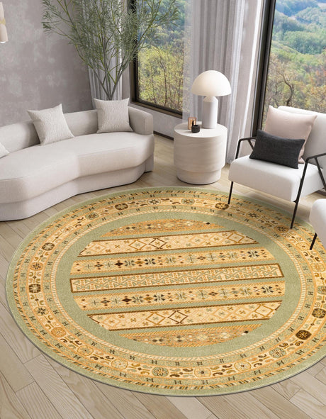 Light Green 8' x 8' Fars Round Area Rug 100% Polypropylene Unique Traditional Carpet for Classical Living, Dining Room & Office Spaces for Sale at Rug Engine