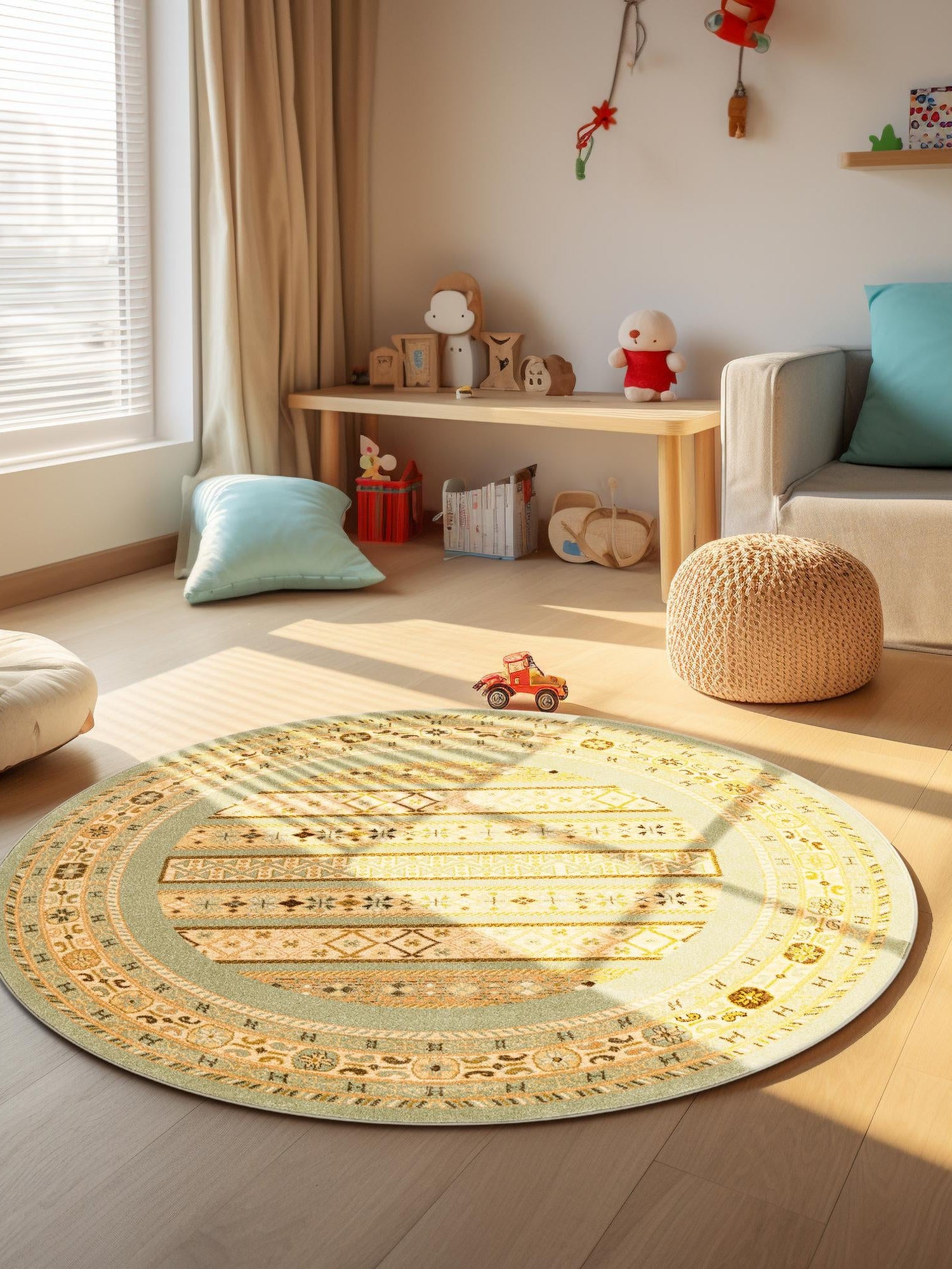 Light Green 8' x 8' Fars Round Area Rug 100% Polypropylene Unique Traditional Carpet for Classical Living, Dining Room & Office Spaces for Sale at Rug Engine