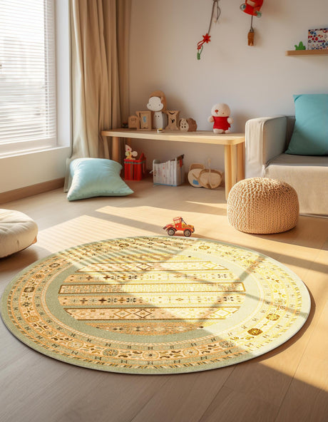 Light Green 8' x 8' Fars Round Area Rug 100% Polypropylene Unique Traditional Carpet for Classical Living, Dining Room & Office Spaces for Sale at Rug Engine