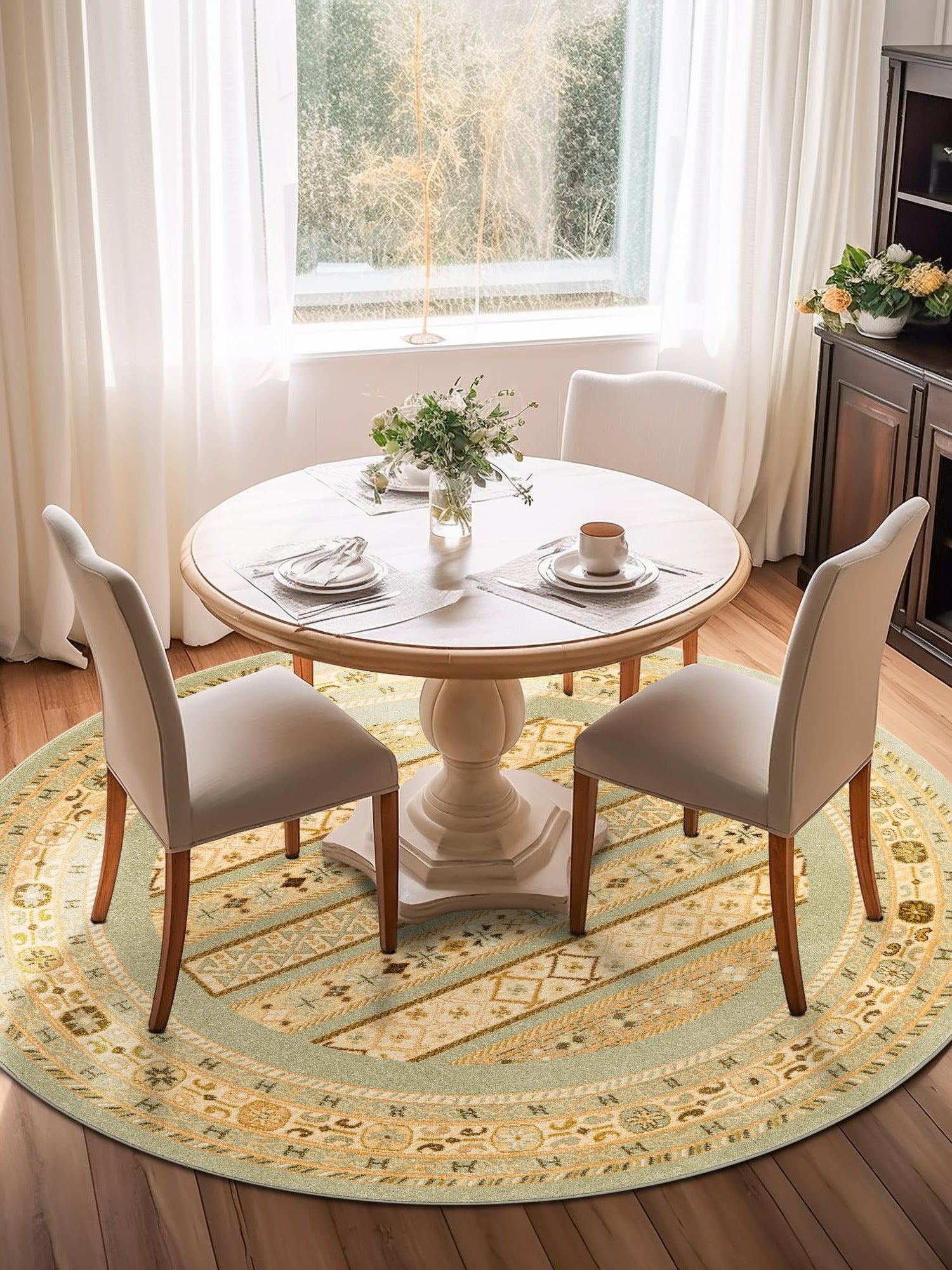 Light Green 8' x 8' Fars Round Area Rug 100% Polypropylene Unique Traditional Carpet for Classical Living, Dining Room & Office Spaces for Sale at Rug Engine