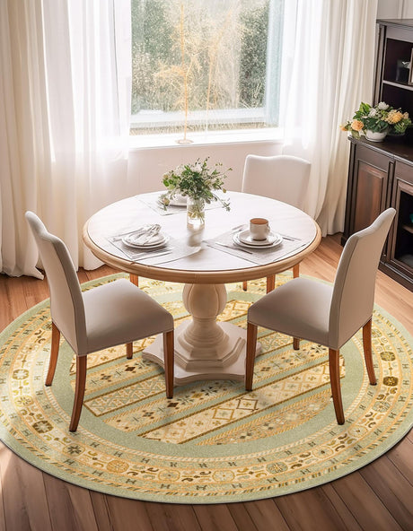 Light Green 8' x 8' Fars Round Area Rug 100% Polypropylene Unique Traditional Carpet for Classical Living, Dining Room & Office Spaces for Sale at Rug Engine