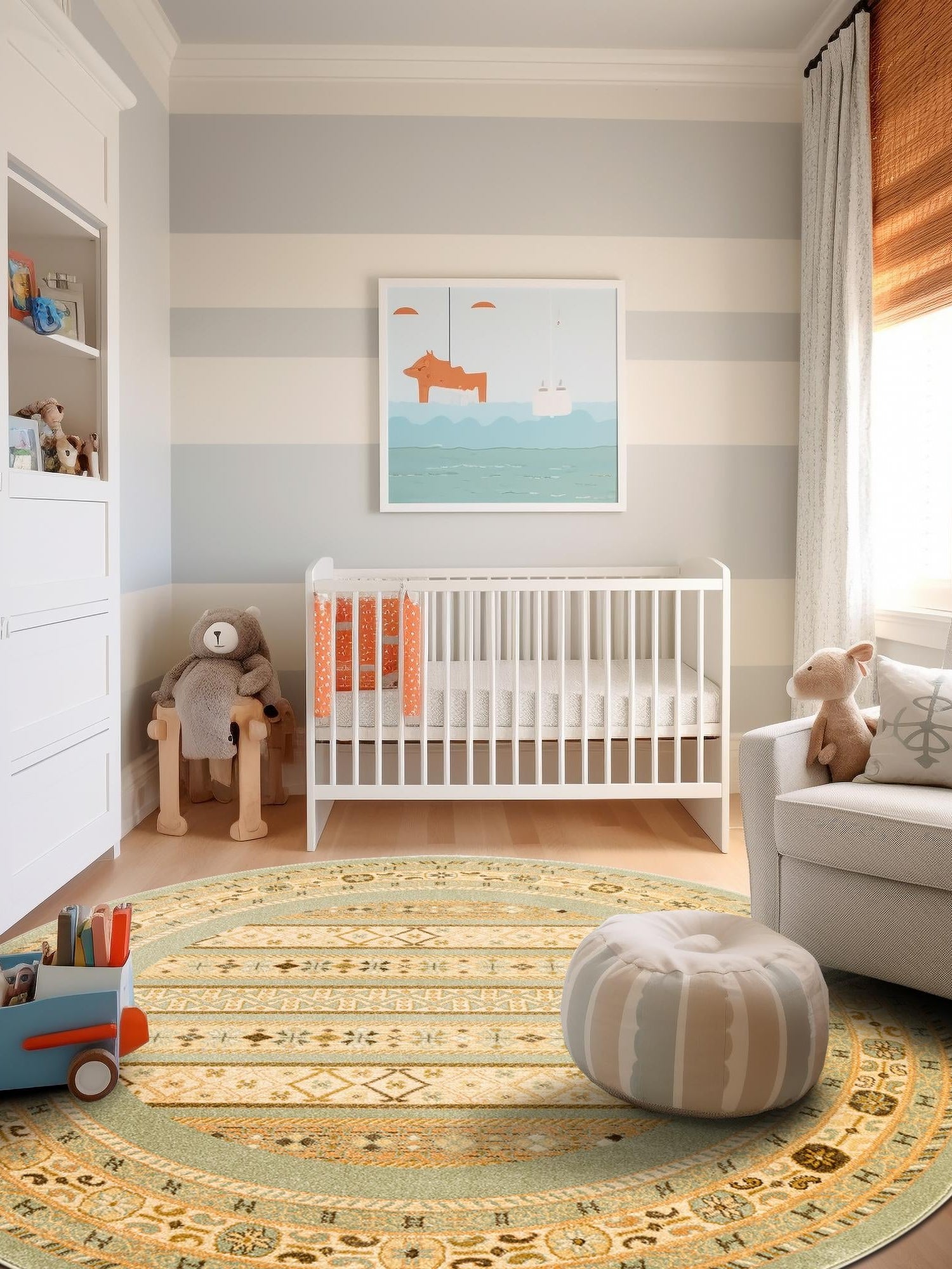 Light Green 8' x 8' Fars Round Area Rug 100% Polypropylene Unique Traditional Carpet for Classical Living, Dining Room & Office Spaces for Sale at Rug Engine