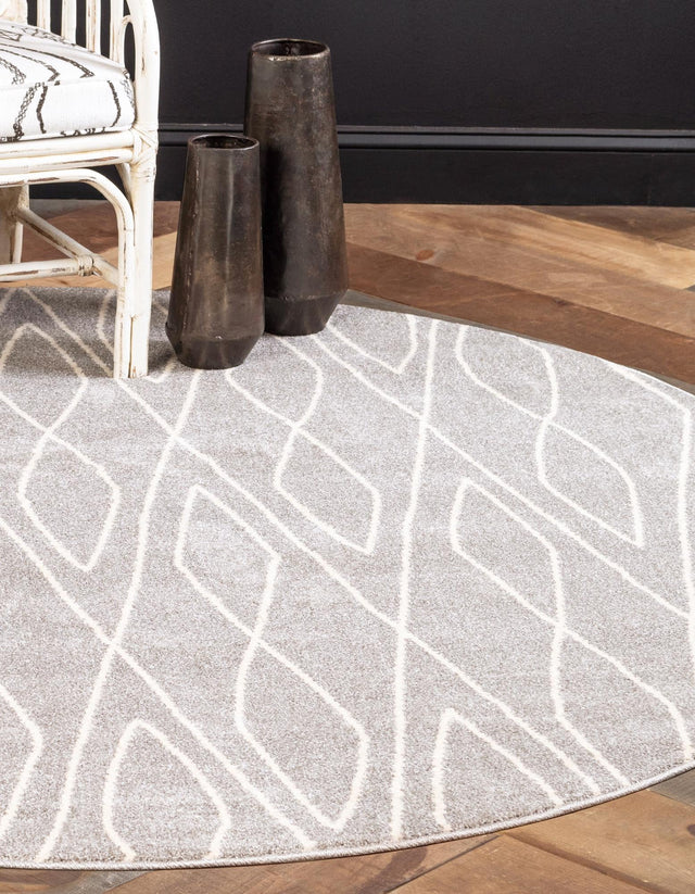 Gray 3' 3 x 3' 3 Fez Round Area Rug Geometric 100% Polypropylene Easy Clean Stain Resistant Carpet for Living, Dining, Office, Dorms for Sale at Rug Engine