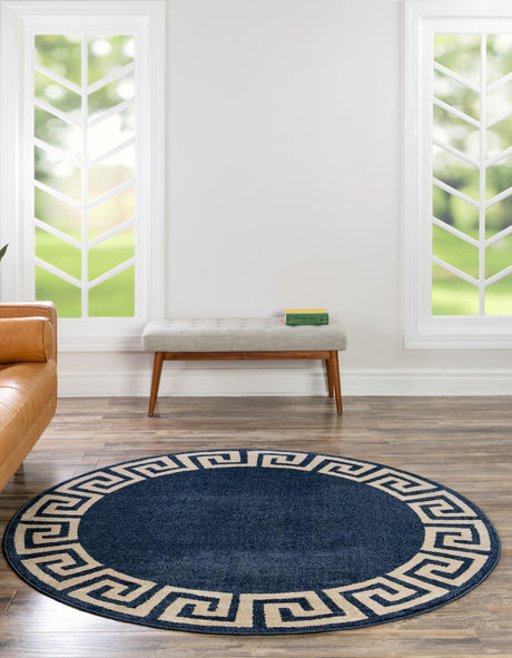 Navy Blue 6' 1 x 6' 1 Athens Round Area Rug 100% Polypropylene With Cotton Backing Easy Clean Indoor Living Dining Room Bedroom Office Carpet for Sale at Rug Engine