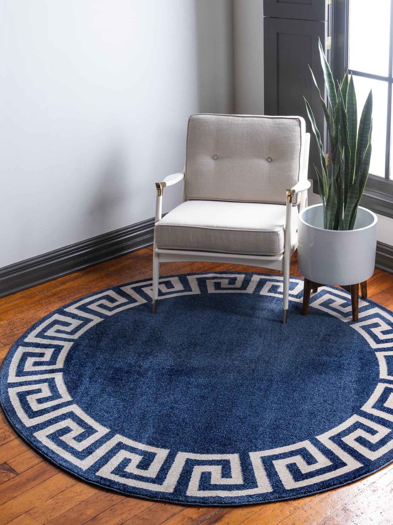 Navy Blue 6' 1 x 6' 1 Athens Round Area Rug 100% Polypropylene With Cotton Backing Easy Clean Indoor Living Dining Room Bedroom Office Carpet for Sale at Rug Engine