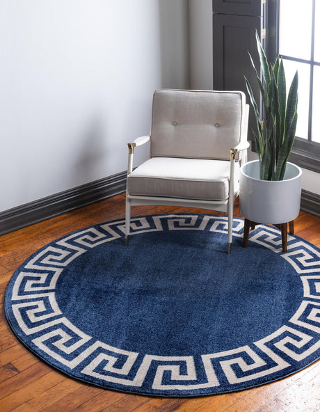 Navy Blue 6' 1 x 6' 1 Athens Round Area Rug 100% Polypropylene With Cotton Backing Easy Clean Indoor Living Dining Room Bedroom Office Carpet for Sale at Rug Engine