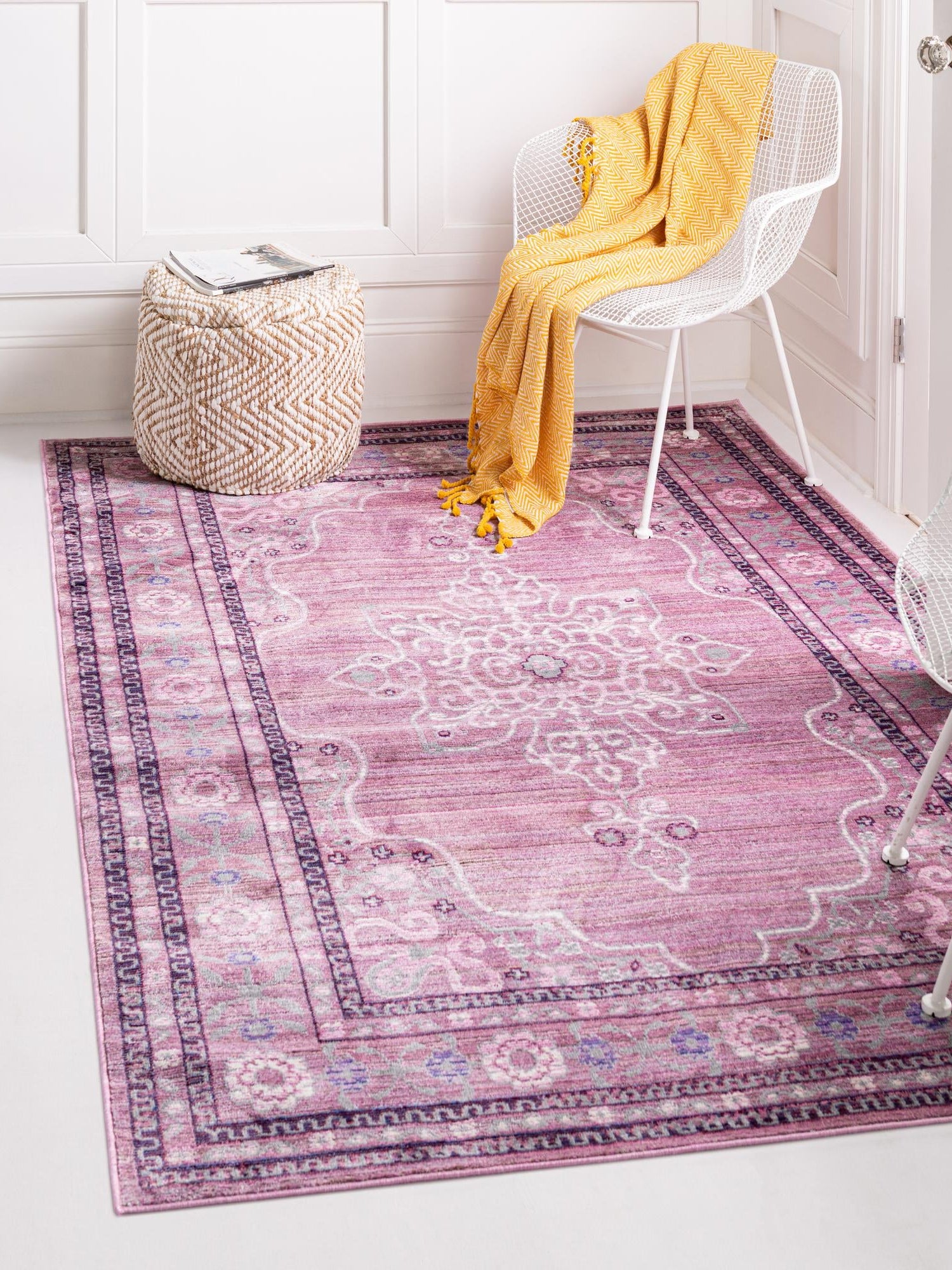 Pink 5' 1 x 8' Austin Rectangle Area Rug 100% Polyester Durable Cotton Backing Living Dining Room Bedroom Office Vintage Decor Carpet for Sale at Rug Engine