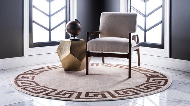 Beige and Brown 7' 10 x 7' 10 Athens Round Area Rug 100% Polypropylene With Cotton Backing Easy Clean Indoor Living Dining Room Bedroom Office Carpet for Sale at Rug Engine