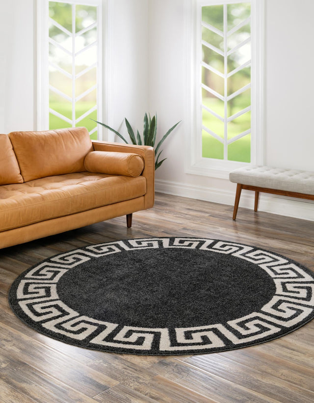 Charcoal 7' 10 x 7' 10 Athens Round Area Rug 100% Polypropylene With Cotton Backing Easy Clean Indoor Living Dining Room Bedroom Office Carpet for Sale at Rug Engine