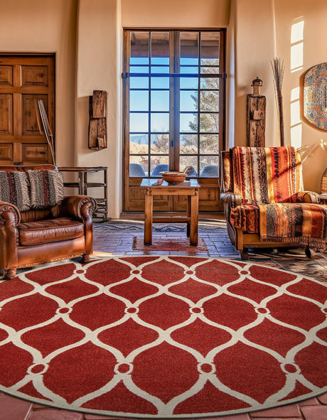 Terracotta 6' x 6' Trellis Round Area Rug Geometric Modern Unique Durable Easy Clean Carpet for Contemporary Interior Design for Sale at Rug Engine