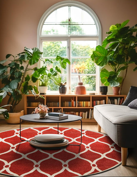Terracotta 6' x 6' Trellis Round Area Rug Geometric Modern Unique Durable Easy Clean Carpet for Contemporary Interior Design for Sale at Rug Engine