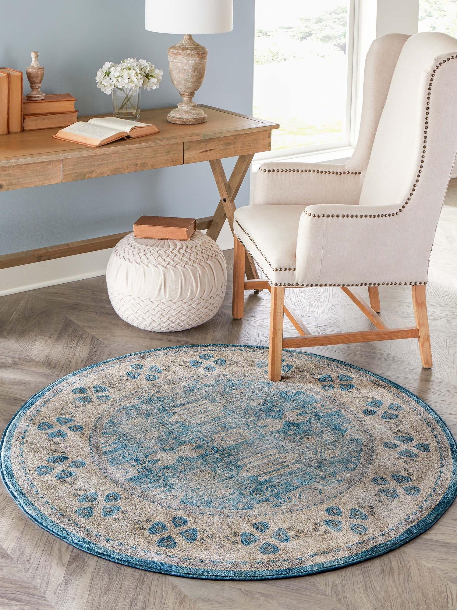 Light Blue 6' 1 x 6' 1 Salzburg Round Area Rug Stain Resistant Easy Clean Traditional Classic Design Durable Carpet for Affordable Interior Home Decorating for Sale at Rug Engine