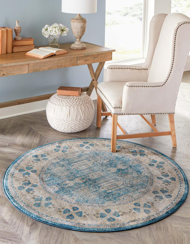 Light Blue 8' x 8' Salzburg Round Area Rug Stain Resistant Easy Clean Traditional Classic Design Durable Carpet for Affordable Interior Home Decorating for Sale at Rug Engine