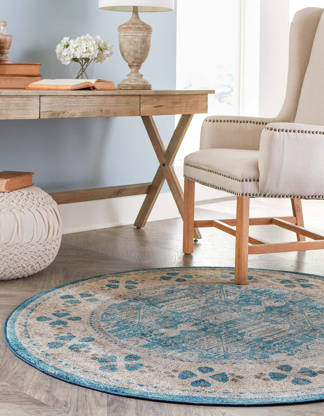 Light Blue 8' x 8' Salzburg Round Area Rug Stain Resistant Easy Clean Traditional Classic Design Durable Carpet for Affordable Interior Home Decorating for Sale at Rug Engine