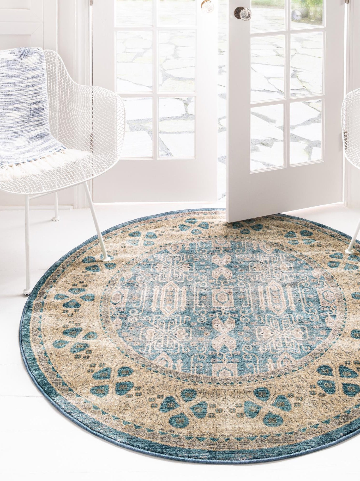 Light Blue 8' x 8' Salzburg Round Area Rug Stain Resistant Easy Clean Traditional Classic Design Durable Carpet for Affordable Interior Home Decorating for Sale at Rug Engine