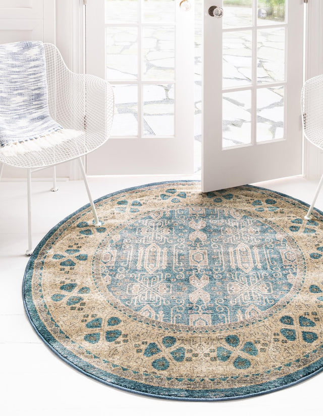 Light Blue 8' x 8' Salzburg Round Area Rug Stain Resistant Easy Clean Traditional Classic Design Durable Carpet for Affordable Interior Home Decorating for Sale at Rug Engine