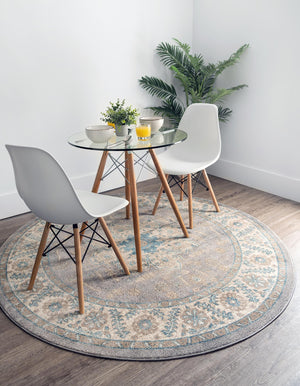 Gray 8' x 8' Salzburg Round Area Rug Stain Resistant Easy Clean Traditional Classic Design Durable Carpet for Affordable Interior Home Decorating for Sale at Rug Engine