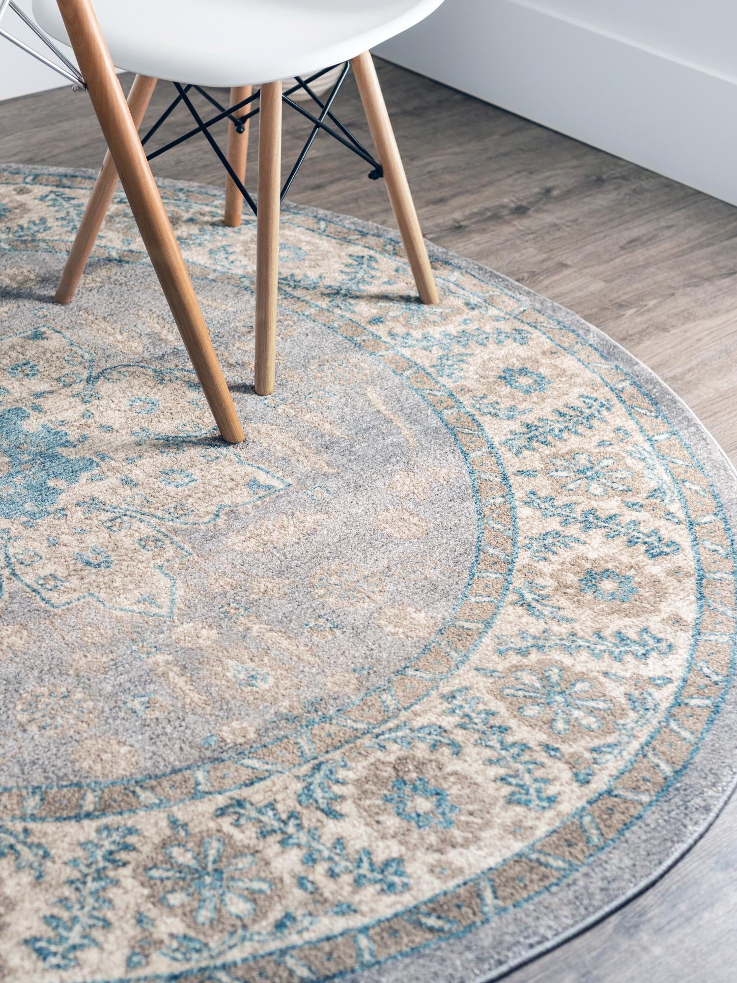 Gray 7' 3 x 7' 3 Salzburg Round Area Rug Stain Resistant Easy Clean Traditional Classic Design Durable Carpet for Affordable Interior Home Decorating for Sale at Rug Engine