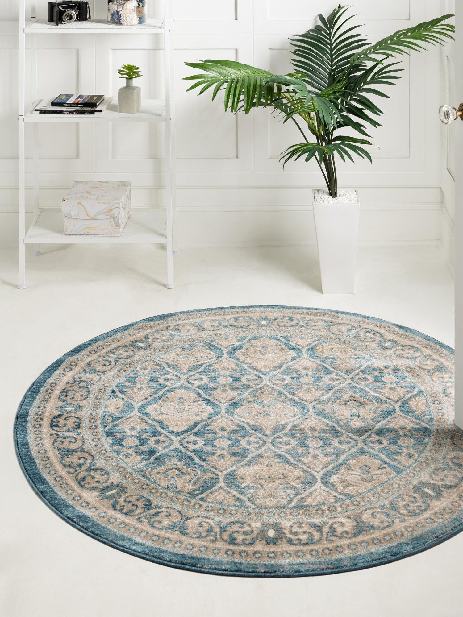 Light Blue 7' 3 x 7' 3 Salzburg Round Area Rug Stain Resistant Easy Clean Traditional Classic Design Durable Carpet for Affordable Interior Home Decorating for Sale at Rug Engine