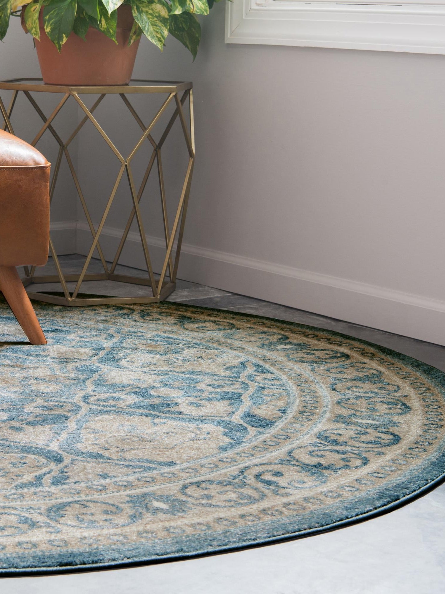 Light Blue 7' 3 x 7' 3 Salzburg Round Area Rug Stain Resistant Easy Clean Traditional Classic Design Durable Carpet for Affordable Interior Home Decorating for Sale at Rug Engine
