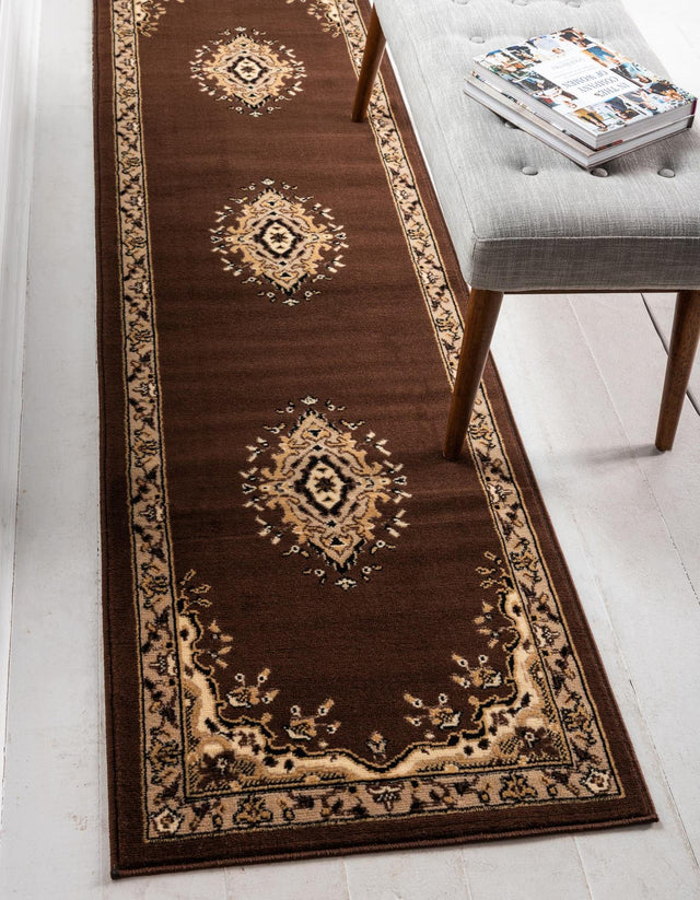 Brown 3' 1 x 16' 5 Reza Runner Area Rug 100% Polypropylene Easy Clean Traditional Motif Classic Carpet for Home Interiors for Sale at Rug Engine