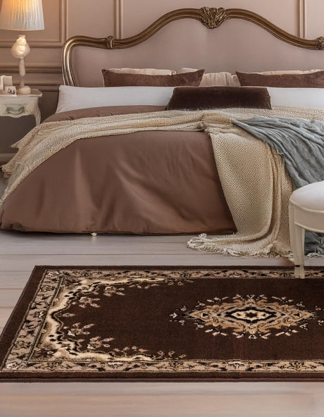 Brown 2' 7 x 10' Reza Runner Area Rug 100% Polypropylene Easy Clean Traditional Motif Classic Carpet for Home Interiors for Sale at Rug Engine