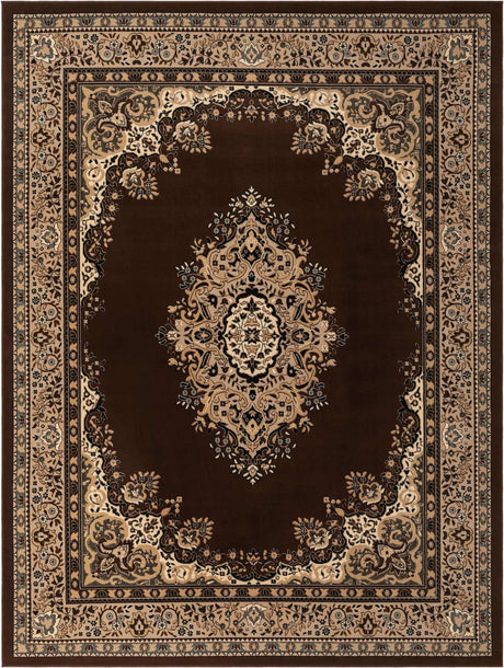 Brown 9' x 12' Reza Rectangle Area Rug 100% Polypropylene Easy Clean Traditional Motif Classic Carpet for Home Interiors for Sale at Rug Engine