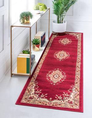 Burgundy 3' 1 x 16' 5 Reza Runner Area Rug 100% Polypropylene Easy Clean Traditional Motif Classic Carpet for Home Interiors for Sale at Rug Engine