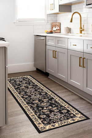 Black 2' 7 x 12' Sialk Hill Runner Area Rug 100% Polypropylene Durable Easy Clean Classic Traditional Design Carpet for Interior Design for Sale at Rug Engine