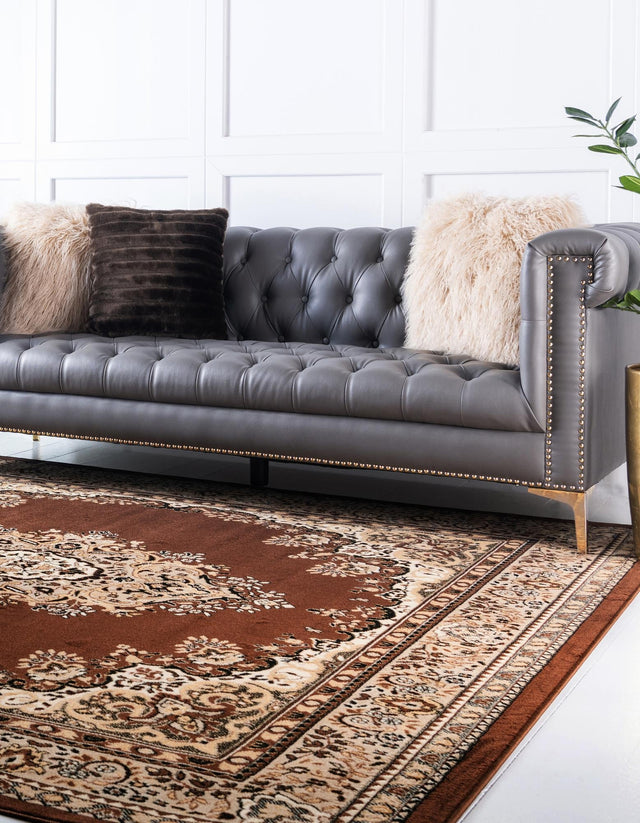 Brown 10' x 10' Reza Square Area Rug 100% Polypropylene Easy Clean Traditional Motif Classic Carpet for Home Interiors for Sale at Rug Engine