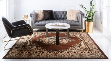 Brown 10' x 10' Reza Square Area Rug 100% Polypropylene Easy Clean Traditional Motif Classic Carpet for Home Interiors for Sale at Rug Engine