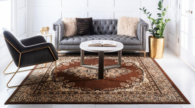 Brown 10' x 10' Reza Square Area Rug 100% Polypropylene Easy Clean Traditional Motif Classic Carpet for Home Interiors for Sale at Rug Engine