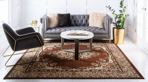 Brown 7' 10 x 7' 10 Reza Square Area Rug 100% Polypropylene Easy Clean Traditional Motif Classic Carpet for Home Interiors for Sale at Rug Engine