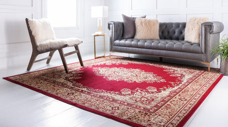 Burgundy 7' 10 x 7' 10 Reza Square Area Rug 100% Polypropylene Easy Clean Traditional Motif Classic Carpet for Home Interiors for Sale at Rug Engine