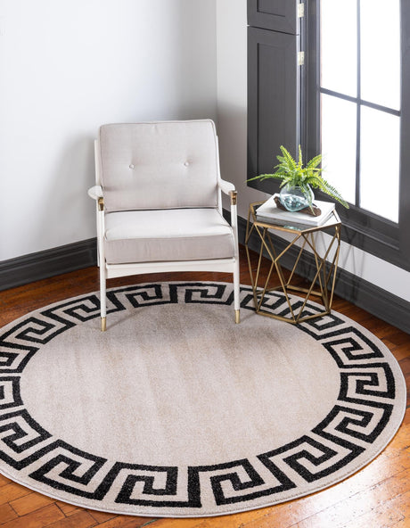 Beige and Gray 7' 10 x 7' 10 Athens Round Area Rug 100% Polypropylene With Cotton Backing Easy Clean Indoor Living Dining Room Bedroom Office Carpet for Sale at Rug Engine