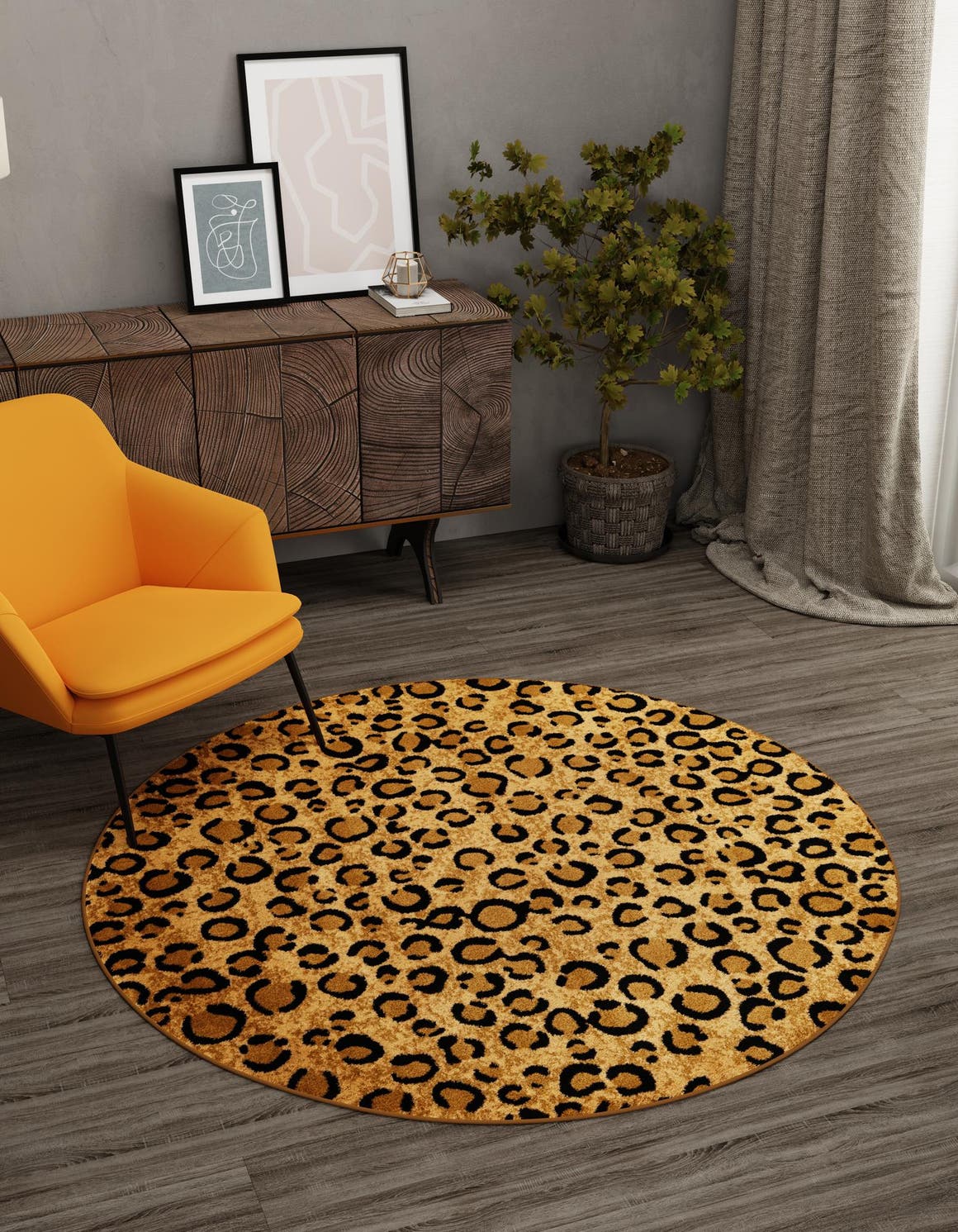 Light Brown 4' 1 x 4' 1 Wildlife Round Area Rug Animal Print Safari Jungle Inspired Carpet for Unique Modern Interior Design for Sale at Rug Engine