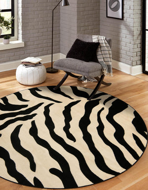 Ivory 7' 10 x 7' 10 Wildlife Round Area Rug Animal Print Safari Jungle Inspired Carpet for Unique Modern Interior Design for Sale at Rug Engine