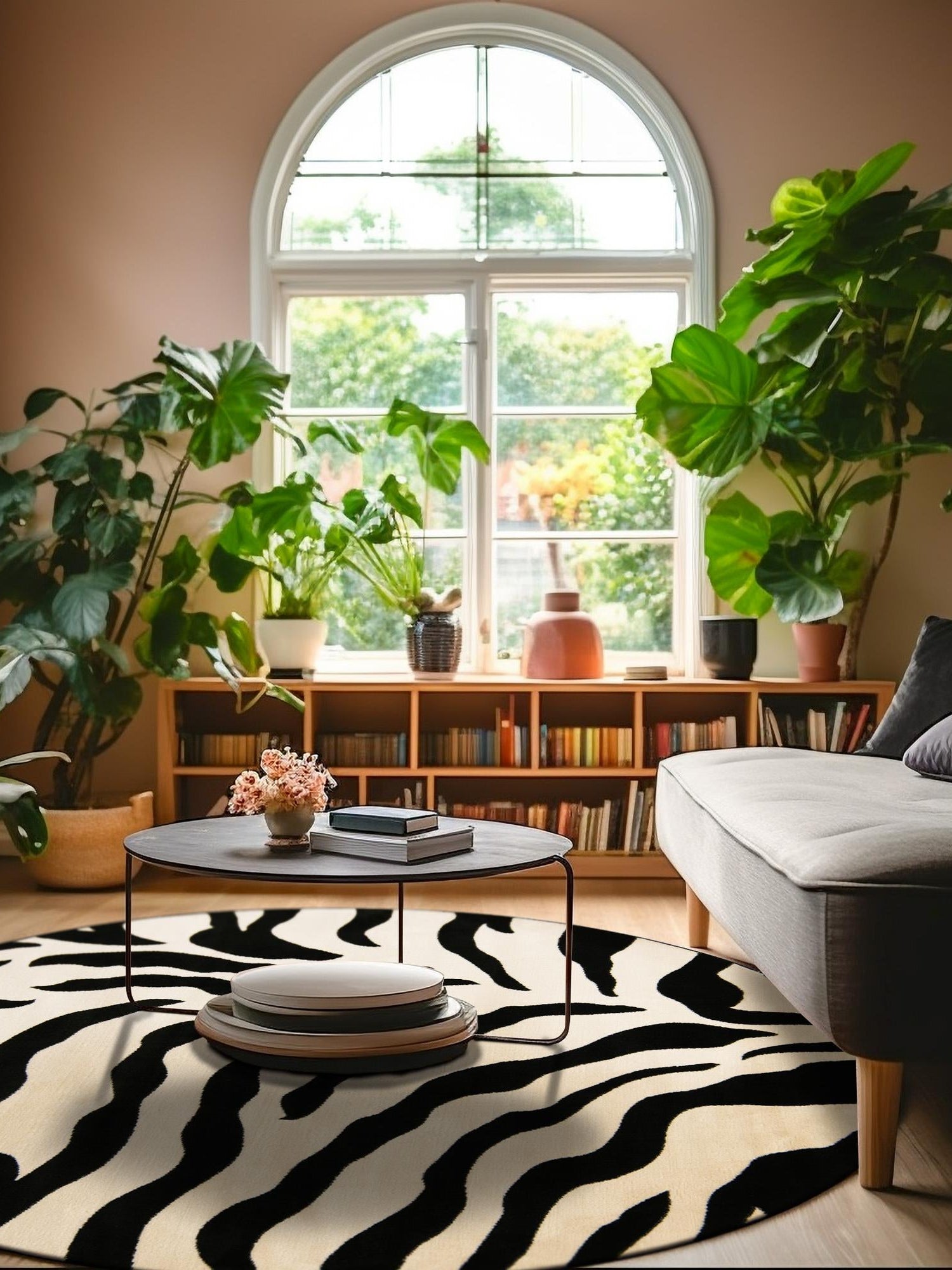 Ivory 7' 10 x 7' 10 Wildlife Round Area Rug Animal Print Safari Jungle Inspired Carpet for Unique Modern Interior Design for Sale at Rug Engine